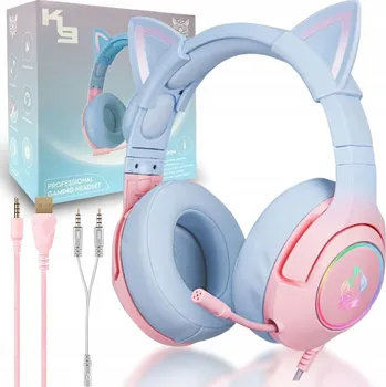 Sluchátka ONIKUMA K9 Herní sluchátka růžová s kočičími oušky LED PC PS5 Switch