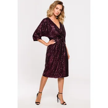 Dámské šaty EU S M653 Midi Šaty s flitry a vázáním - w