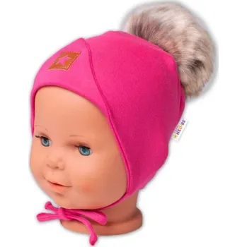 Kojenecká čepice Zimní,podzimní bavlněná dvouvrstvá čepice s bambulí na zavazování Star, růžová, vel. 80/86