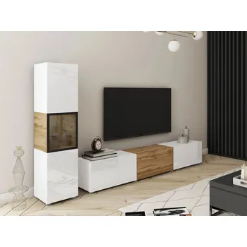 Obývací stěna Obývací stěna HEXIO - bílá / bílá lesklá / dub wotan + LED osvětlení