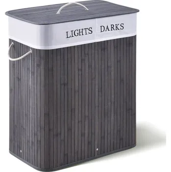 Koš na prádlo Vysoký koš na špinavé prádlo dřevo bambus 100 L, vnitřní pratelný vak, šedý