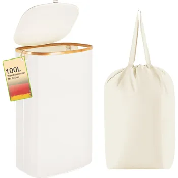 Koš na prádlo BAMBUSOVÝ Koš na Prádlo 100L s Víkem a Vyjímatelným Vakem Bílý