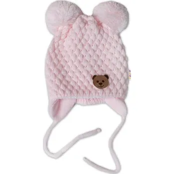 Dětská móda Zimní pletená čepice Teddy Bear na zavazování, růžová, 68/80, (6-12m), Baby Nellys