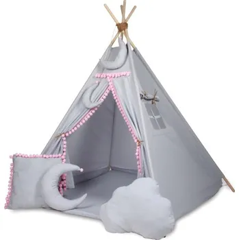 Dětský stan Stan pro děti týpí+ výbava - šedý s růžovými bambulkami