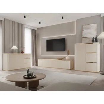 Obývací stěna Obývací sestava FLUXA - tmavě béžová / tmavě béžová + zlatá