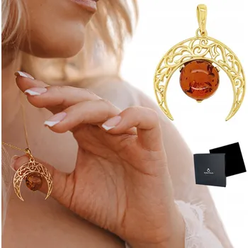 Přívěsek WISIOREK srebrny pozłacany ZÁVĚS BURSZTYN měsíc lunula FILM ZLATÝ