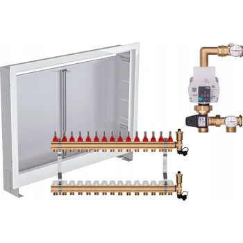 rozdělovač topení Mosazný rozdělovač pro podlahové topení 15 s ČERPADLEM WILO + PODOMÍTKOVÁ SKŘÍŇKA