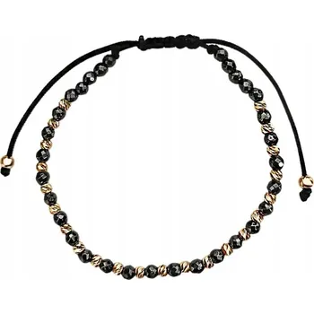 Náramek Zlatý dámský náramek 585 kuličky na černém provázku grafitové hematity