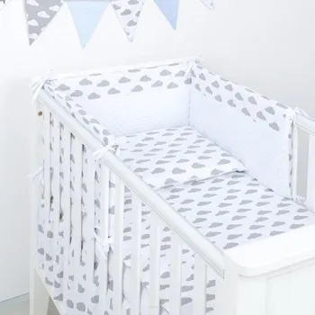 mantinel do postýlky Mantinel s povlečením do postýlky, 3D sada, Obláčky, 135x100 cm, bílá, šedá