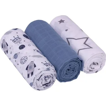 látková plena Mušelínové pleny 3ks Lux - Kosmo, 70 x 80 cm, modrá, bílá