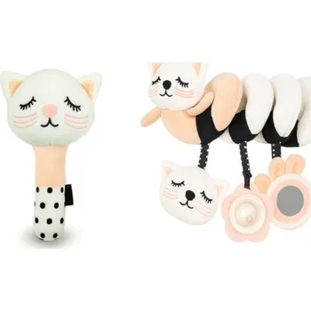 Hračka pro nejmenší Plyšová senzorická spirála + plyšové pískátko Kočička - růžová, bílá