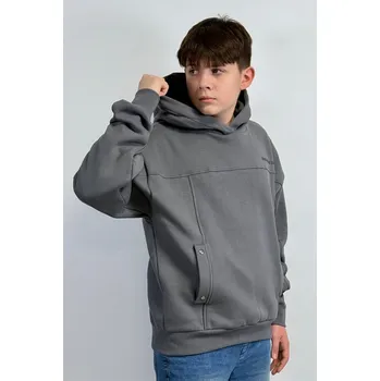 Chlapecká mikina Reporter Young | Chlapecká šedá zateplená mikina BOXY s kapucí, členícími švy a kapsami na patentky - Barva ŠEDÁ, Velikost 182 253-0551B-38-130-1