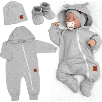Rostoucí teplákový overal pro miminko, čepice, botky, 3D, Nature - šedý melír