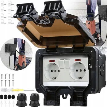 Elektrická zásuvka DVOJITÁ ZAHRADNÍ ZÁSUVKA VENKOVNÍ IP66 VODOTĚSNÁ ZÁSUVKA S VÍKEM
