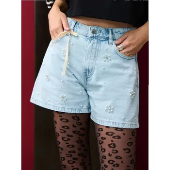 Dámská móda Sinsay - Džínové šortky s perličkami - modrá - 780FI-05J - 780FI-05J-42