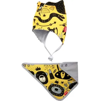 Čepice Čepice dvouvrstvá na zavazování + šátek, Zvířátka, Bexa - hořčicová, vel. 80/86