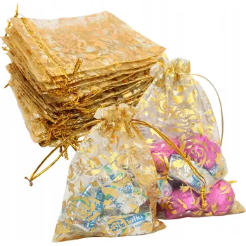 Obraz 25 ks sáčků z organzy Quantiro na dárek, svatba, svatební hostina narozenin, zlaté, 13x18 cm