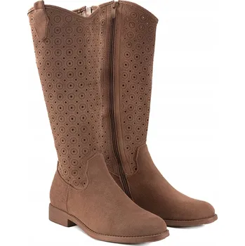 Dámské kozačky Dámské kozačky z eko semiše s plochým podpatkem, ažurové S.BARSKI HY52-531 hnědé, velikost 38