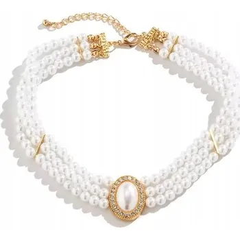 Náhrdelník Stylizovaný pozlacený choker s perlami, 3 řady perel, elegantní zapínání