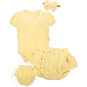 Kojenecká souprava Baby Nellys 3-dílná mušelínová soupravička, body, kraťasky + čelenka GIRL, žlutá, vel. 62