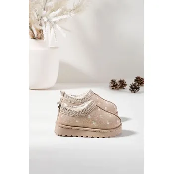 Dívčí sněhule Dětské sněhule s květinami, zateplené kožíškem Palina – béžové Velikost: 31