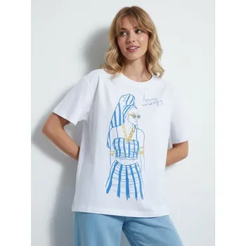 Dámské tričko Sinsay - Bavlněné oversize tričko s potiskem - bílá - 960CG-00X - 960CG-00X-XS