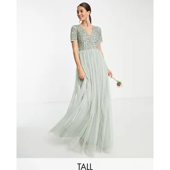 Dámské šaty MAYA DLOUHÉ TYLOVÉ ŠATY ZDOBENÝ HORNÍ DÍL (36)