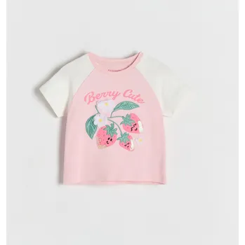 Dívčí tričko Reserved - Bavlněné tričko s aplikací - pastelově růžová - 7194G-03X - 7194G-03X-92