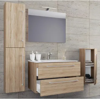 Koupelnový nábytek VCM 5dílná umyvadlová skříňka Badinos 2 zásuvky 60 cm se zrcadlem a střední/vysokou skříňkou, dub Sonoma 487793
