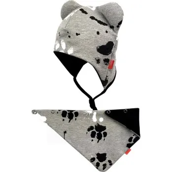 Pokrývka hlavy Dvouvrstvá čepice na zavazování s oušky + šátek Bexa - Tlapky, šedá