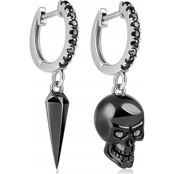 Náušnice STŘÍBRNÉ NÁUŠNICE LEBKA VISACÍ ČERNÉ GOTH