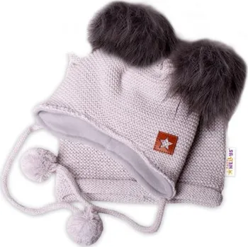 Čepice Zimní čepice s fleecem a chlupáčkové bambulky Star + komínek - šedá, 104/116