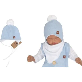 Čepice Z&Z Dvouvrstvá pletená čepice na zavazování s bambulí, modrá