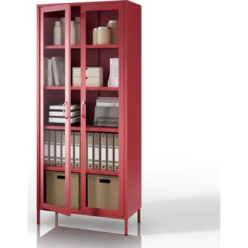 Knihovna Skleněná vitrína do obývacího pokoje červená Modern ANGELO 800 x 1850 x 450 mm