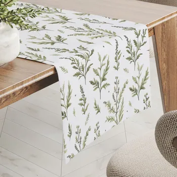 ubrus Bavlněný běhoun na stůl Sandra SA-718 Zelené natě bylinek na bílém 20x120 cm