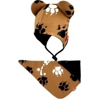 Čepice Bexa dvouvrstvá čepice na zavazování s oušky + šátek - Tlapky, hnědá