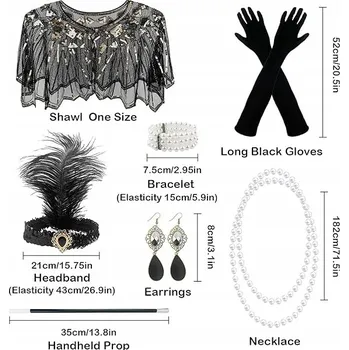 Karnevalový kostým DÁMSKÉ DOPLŇKY RETRO STYL GATSBY PERLY VĚJÍŘ KOSTÝM 20. LÉTA 7 DÍLŮ