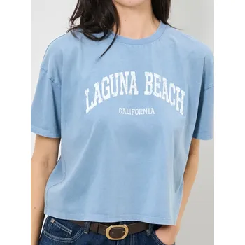 Dámská móda Sinsay - Bavlněné tričko s letním potiskem - světle modrá - 934CG-50X - 934CG-50X-S