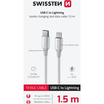 Kabel SWISSTEN DATOVÝ KABEL TEXTILE II USB-C / LIGHTNING 1,5 M BÍLÝ