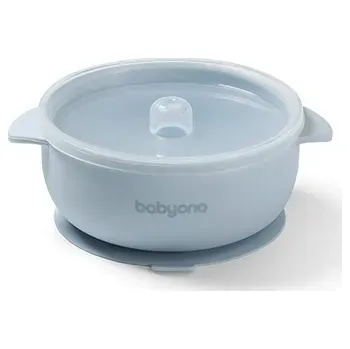 dětská jídelní sada BabyOno 1662/01 SILIKONOVÁ MISKA S PŘÍSAVKOU A KRYTEM MODRÁ