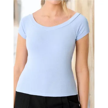Dámská móda Sinsay - Tričko s krátkým rukávem a ozdobným výstřihem - modrá - XW222-05X - XW222-05X-XL