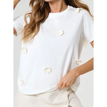 Sinsay - Bavlněné tričko s 3D aplikací - krémová - 448DO-01X - 448DO-01X-XXS