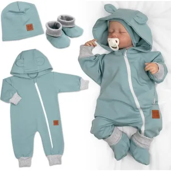 Kojenecký overall Rostoucí teplákový overal pro miminko, čepice, botky, 3D, Nature - ledová máta, šedá