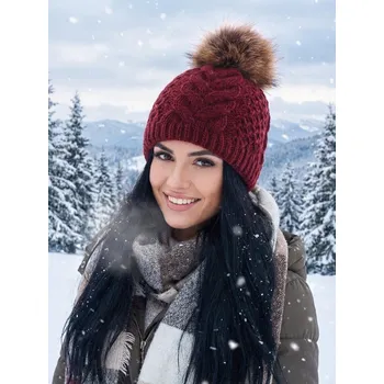 Čepice Dámská čepice s bambulí z pravé kožušiny Ania - vínová, Varianta: Čepice