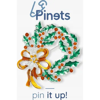 Brož Pinets – Vánoční Brož Věnec z Cesmíny - Zeleň Zlatá Křišťály