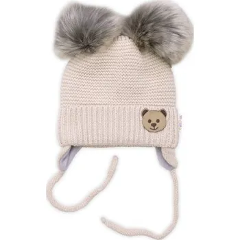 Čepice Dětská zimní čepice s fleecem Teddy Bear - chlupáčk. bambulky - béžová