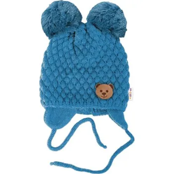 Módní doplněk Zimní pletená čepice Teddy Bear na zavazování, modrá, 68/80, (6-12m)