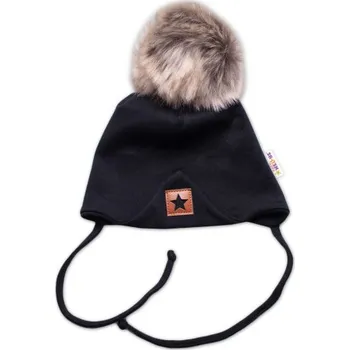 Dětská móda Zimní,podzimní bavlněná dvouvrstvá čepice s bambulí na zavazování Star, černá, vel. 68/80