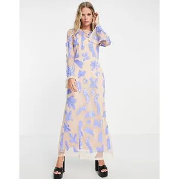 Dámské šaty BÉŽOVÉ MAXI FLITRY ŠATY (38)