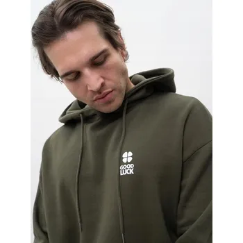 Pánská mikina MIKINA S KAPUCÍ Oversize VOLNÁ Pánská Olivová BAVLNĚNÁ KLOKANKA M